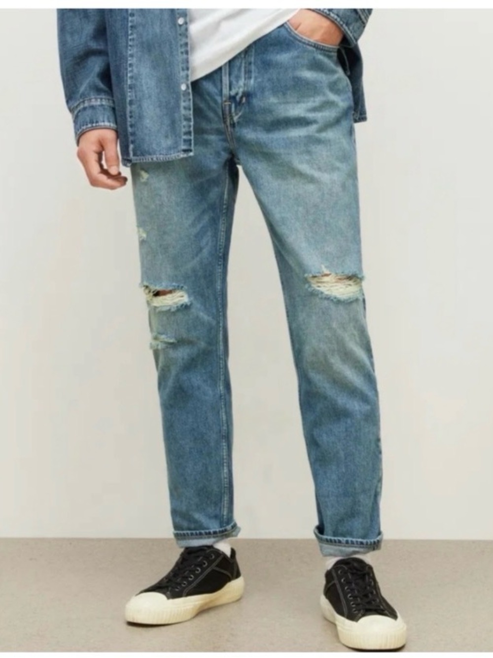 ALLSAINTS Jack Damaged Relaxed Taper Jeans Blue Distressed Denim